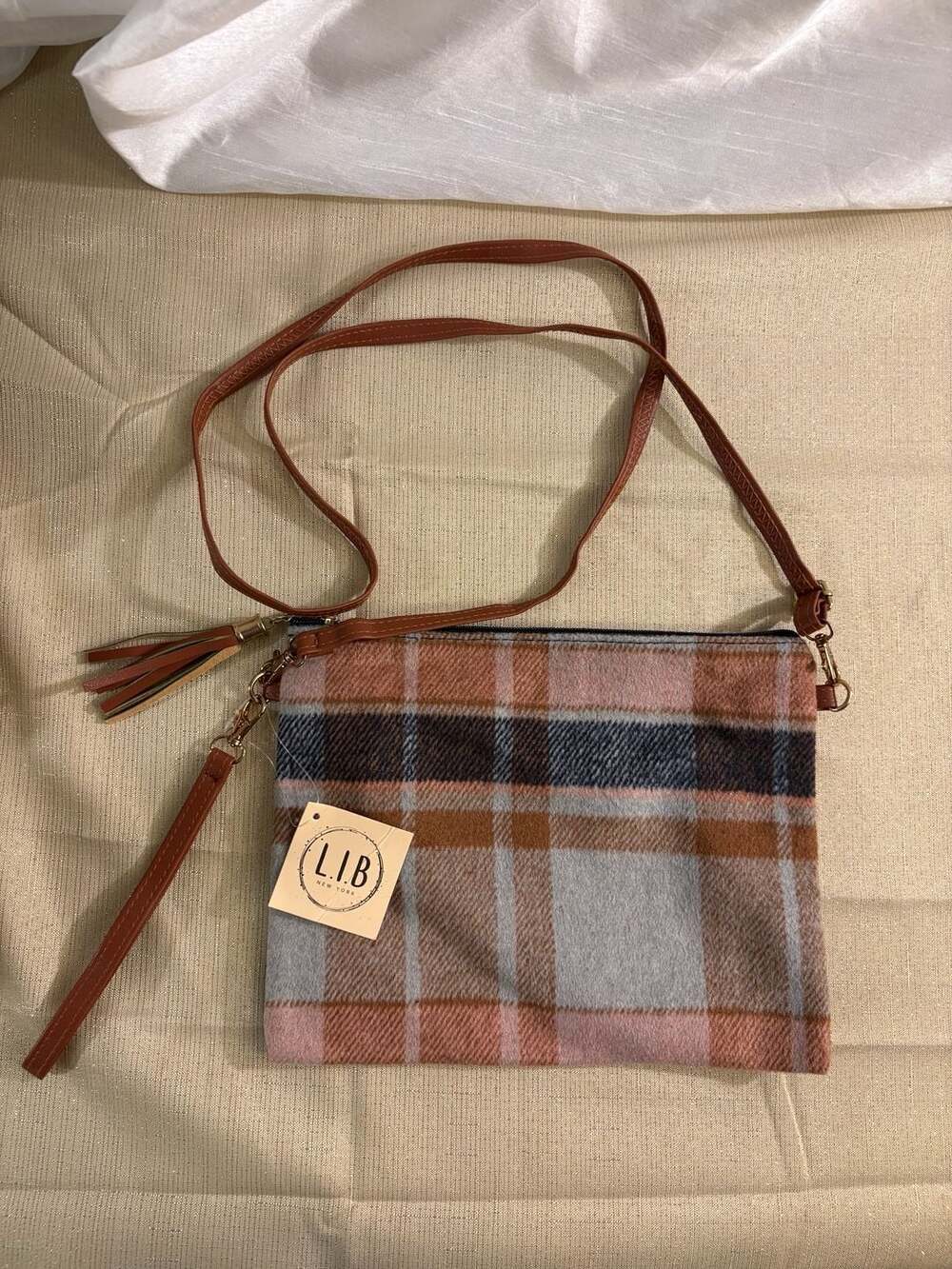 L.I.B. New York Plaid Flannel Crossbody Bag with Tassel